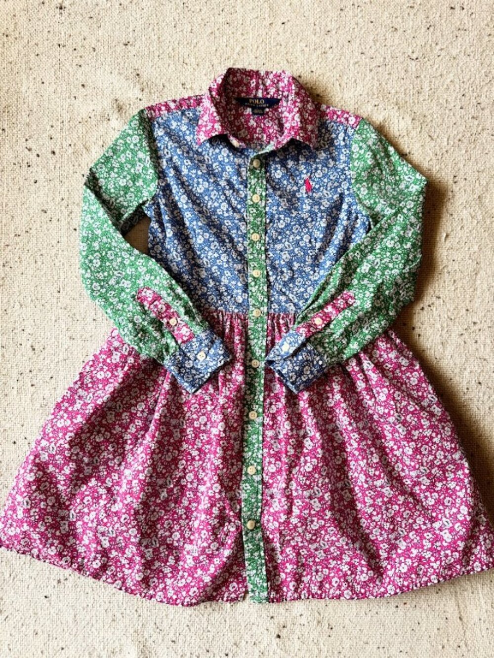 Polo Ralph Lauren Girls 7 Floral Patchwork Cotton Shirt Dress Pink Blue Green